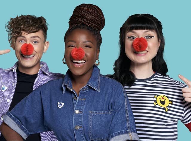 Blue Peter presenters, Joel Mawhinney, Mwaka ‘Mwaksy’ Mudenda and Abby Cook from Grangemouth support Red Nose Day 2023 by wearing the new Red Nose and Mr Men merchandise. Pic: BBC