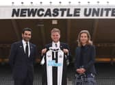 Newcastle Head Coach Eddie Howe (c) pictured at his unveiling press conference with Directors Amanda Staveley and Mehrdad Ghodoussi at St. James Park on November 10, 2021 in Newcastle upon Tyne, England. (Photo by Stu Forster/Getty Images)