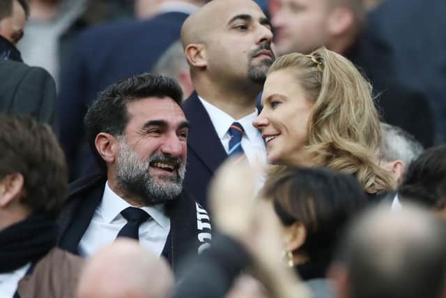 Chairman of Newcastle United, Yasir Al-Rumayyan and Amanda Staveley, Part-Owner of Newcastle United smile as they are introduced to the fans prior to the Premier League match between Newcastle United and Tottenham Hotspur at St. James Park on October 17, 2021 in Newcastle upon Tyne, England. (Photo by Ian MacNicol/Getty Images)
