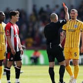 Joao Pedro is shown a straight red card against Brentford, which will see the Brighton & Hove Albion man miss the visit of Newcastle United in the Premier League. (Photo by Richard Heathcote/Getty Images)