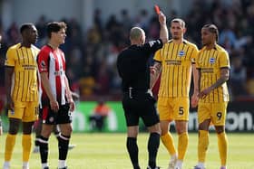 Joao Pedro is shown a straight red card against Brentford, which will see the Brighton & Hove Albion man miss the visit of Newcastle United in the Premier League. (Photo by Richard Heathcote/Getty Images)