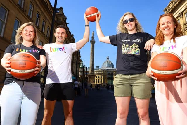Members of the Lumo team with Newcastle Eagles Women’s Player-Coach Chloe Gaynor