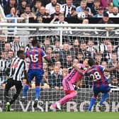 Newcastle player Joe Willock is challenged by Tyrick Mitchell and  Vicente Guaita is beaten but the goal is disallowed after a VAR review during the Premier League match between Newcastle United and Crystal Palace at St. James Park on September 03, 2022 in Newcastle upon Tyne, England. (Photo by Stu Forster/Getty Images)