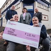 •	(front) Tyne Housing residents (and friends of Ben) Karl and Rob, with (back row) Bryan Beverley (Wellbeing and Learning Manager at Tyne Housing), Kayah Worrall (The National Lottery Community Fund) and Steve McKinlay (CEO, Tyne Housing).