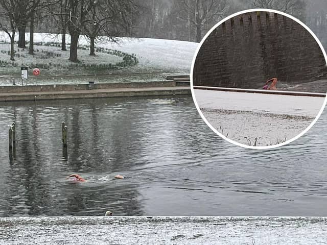 A man was caught on video swimming in Roundhay Park's Waterloo Lake in Leeds during freezing temperatures and warnings in place for snow.