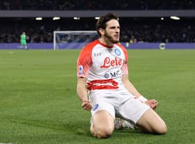 Khvicha Kvaratskhelia of SSC Napoli celebrates after scoring the 1-0 goal during the Serie A match between SSC Napoli and US Cremonese at Stadio Diego Armando Maradona on February 12, 2023 in Naples, Italy. (Photo by Francesco Pecoraro/Getty Images)