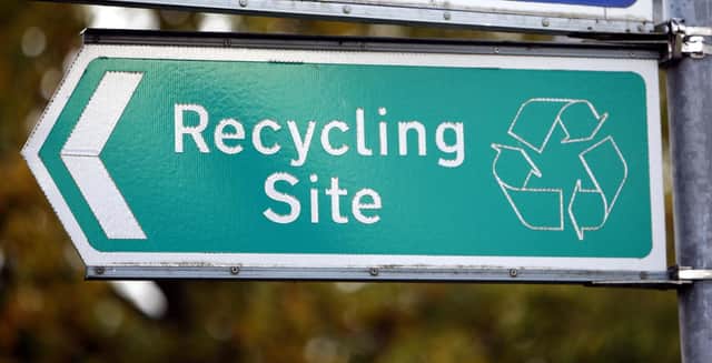 General view of a recycling site sign at the Springfield Recycling Plant in Chelmsford, Essex