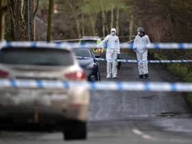 OMAGH, NORTHERN IRELAND - FEBRUARY 23: Police and forensics are seen at the scene of last nights shooting of a high profile PSNI officer at the Youth Sports Centre on February 22, 2023 in Omagh, Northern Ireland. (Photo by Charles McQuillan/Getty Images)