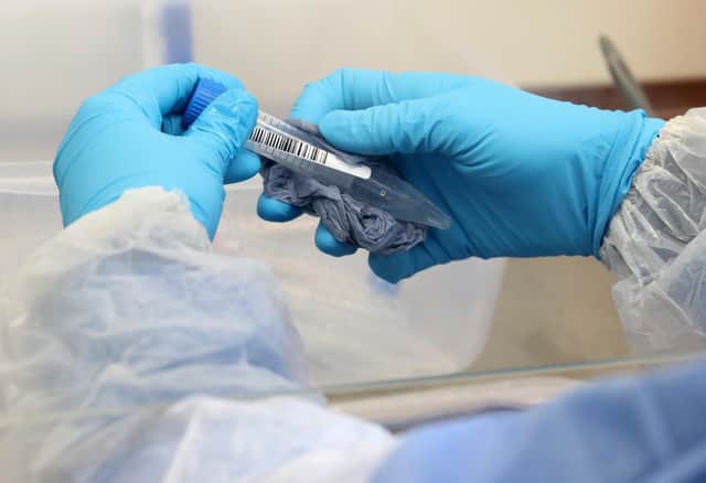 A test tube is cleaned on arrival at the new Covid-19 testing lab at Queen Elizabeth University Hospital, Glasgow.