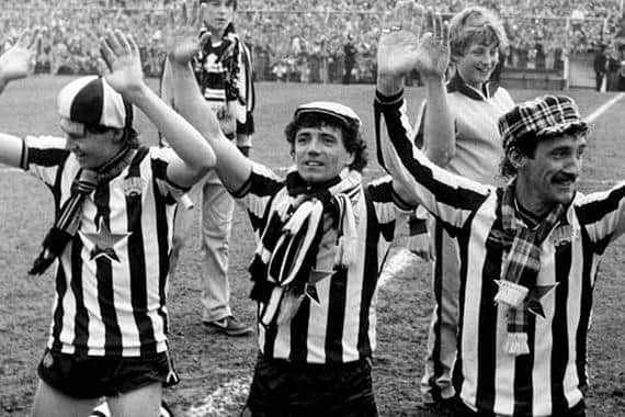 Chris Waddle, Kevin Keegan and Terry McDermott salute the Newcastle fans.