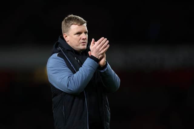 LONDON, ENGLAND - JANUARY 03: Eddie Howe manager of Newcastle United thanks the support during the Premier League match between Arsenal FC and Newcastle United at Emirates Stadium on January 03, 2023 in London, England. (Photo by Julian Finney/Getty Images)