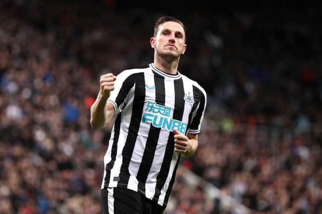 Chris Wood of Newcastle United celebrates scoring their penalty in the penalty shoot out during the Carabao Cup Third Round match between Newcastle United and Crystal Palace at St James' Park on November 09, 2022 in Newcastle upon Tyne, England. (Photo by George Wood/Getty Images)