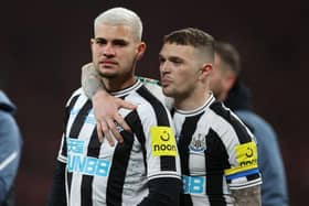 An emotional Bruno Guimaraes is consoled by Kieran Trippier after Newcastle United's Carabao Cup final defeat.