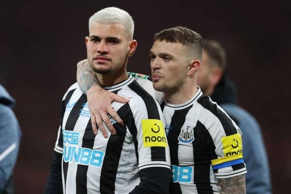 An emotional Bruno Guimaraes is consoled by Kieran Trippier after Newcastle United's Carabao Cup final defeat.