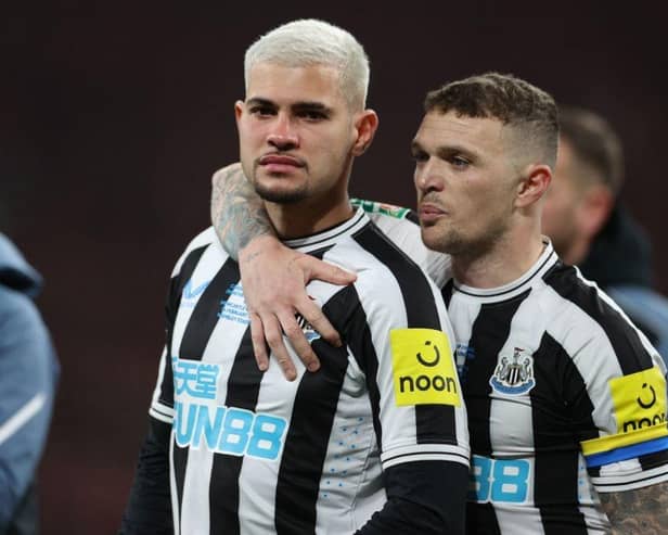 An emotional Bruno Guimaraes is consoled by Kieran Trippier after Newcastle United's Carabao Cup final defeat.