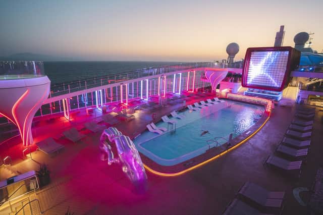 An evening aerial view of the pool deck on Celebrity Apex. Image: Celebrity