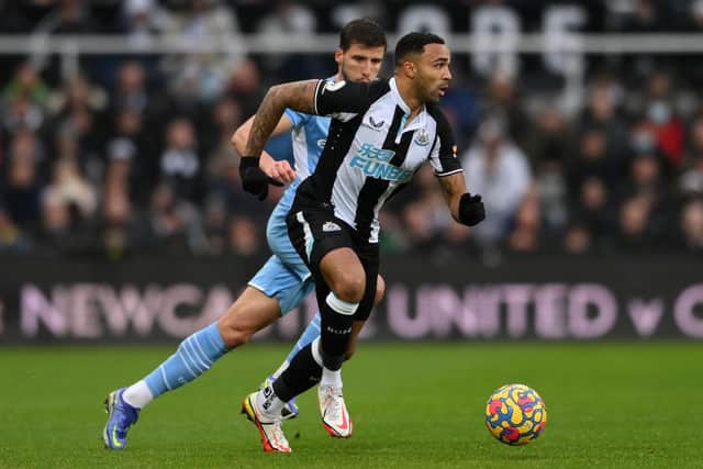 Callum Wilson of Newcastle in action during the Premier League match between Newcastle United  and  Manchester City at St. James Park on December 19, 2021 in Newcastle upon Tyne, England. (Photo by Stu Forster/Getty Images)