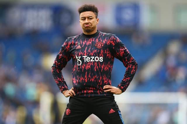Jesse Lingard of Manchester United warms up ahead of the Premier League match between Brighton & Hove Albion and Manchester United at American Express Community Stadium on May 07, 2022 in Brighton, England. (Photo by Manchester United/Manchester United via Getty Images)