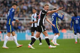 Newcastle player Sean Longstaff makes a point during the Premier League match between Newcastle United and Chelsea at St. James Park on October 30, 2021 in Newcastle upon Tyne, England.