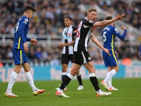 Newcastle player Sean Longstaff makes a point during the Premier League match between Newcastle United and Chelsea at St. James Park on October 30, 2021 in Newcastle upon Tyne, England.