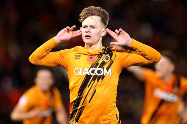 BARNSLEY, ENGLAND - NOVEMBER 06: Keane Lewis-Potter of Hull City celebrates after scoring their side's second goal during the Sky Bet Championship match between Barnsley and Hull City at Oakwell Stadium on November 06, 2021 in Barnsley, England. (Photo by George Wood/Getty Images)