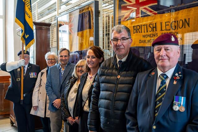 (from left) standard bearer Steve Holt, Kate Culverhouse of the Banks Group, Gavin Cordwell-Smith of Hellens Group, Darlington deputy mayor Cllr Sonia Kane, Darlington MP Lola McEvoy, Darlington deputy council leader Cllr Chris McEwan and John Smith, chairman of the Darlington branch of the Royal British Legion