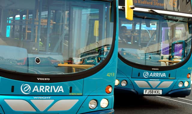 Arriva buses in Derby. Bus and rail firm Arriva agreed to a 1.59 billion takeover by German operator Deutsche Bahn to create a new European transport giant. 