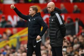 Manchester United manager Erik Ten Hag and Newcastle United head coach Eddie Howe at Old Trafford in October.
