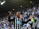 NEWCASTLE UPON TYNE, ENGLAND - MAY 19: Newcastle player Joe Willock celebrates after scoring the winning goal during the Premier League match between Newcastle United and Sheffield United at St. James Park on May 19, 2021 in Newcastle upon Tyne, England. (Photo by Stu Forster/Getty Images)