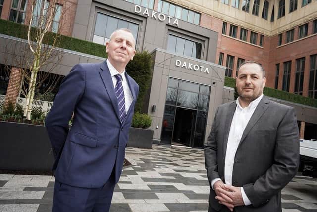 • Gary Oates (left), GMI’s Divisional Managing Director for the North East with David Pither, Senior Project Manager, outside the recently opened Dakota Newcastle