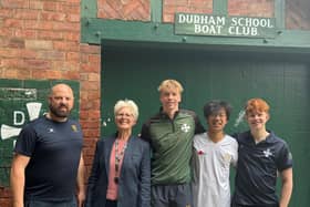 (from left) Durham School's head of rowing Eddie Bryant, Banks Group community relations manager Kate Culverhouse and crew members from Durham School Boat Club