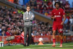 LIVERPOOL, ENGLAND - AUGUST 27: Scott Parker, Manager of AFC Bournemouth reacts during the Premier League match between Liverpool FC and AFC Bournemouth at Anfield on August 27, 2022 in Liverpool, England. (Photo by Michael Regan/Getty Images)