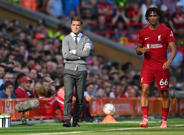 <p>LIVERPOOL, ENGLAND - AUGUST 27: Scott Parker, Manager of AFC Bournemouth reacts during the Premier League match between Liverpool FC and AFC Bournemouth at Anfield on August 27, 2022 in Liverpool, England. (Photo by Michael Regan/Getty Images)</p>