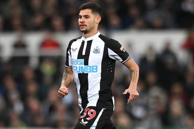 Newcastle Bruno Guimaraes in action on his league debut during the Premier League match between Newcastle United  and  Everton at St. James Park on February 08, 2022 in Newcastle upon Tyne, England. (Photo by Stu Forster/Getty Images)
