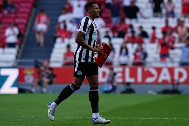 Jamaal Lascelles of Newcastle United FC before the start of the Eusebio Cup match between SL Benfica and Newcastle United at Estadio da Luz on July 26, 2022 in Lisbon, Portugal.  (Photo by Gualter Fatia/Getty Images)