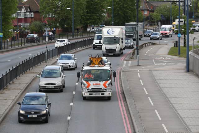 Traffic on the A40 (right hand lane is inbound towards London) at Perryn Road, Acton, west London, as the UK continues in lockdown to help curb the spread of the coronavirus.