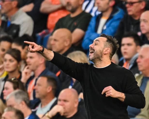Brighton's Italian head coach Roberto De Zerbi has had a phenomenal first season in England, guiding Albion to the Europa League in an historic achievement.(Photo by GLYN KIRK/AFP via Getty Images)