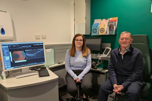 Specsavers North Shields optometrist Amy Gowling and Mick Gibbs.