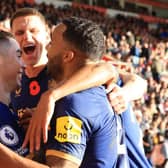 Callum Wilson, right, celebrates with Newcastle United goalscorer Miguel Almiron.