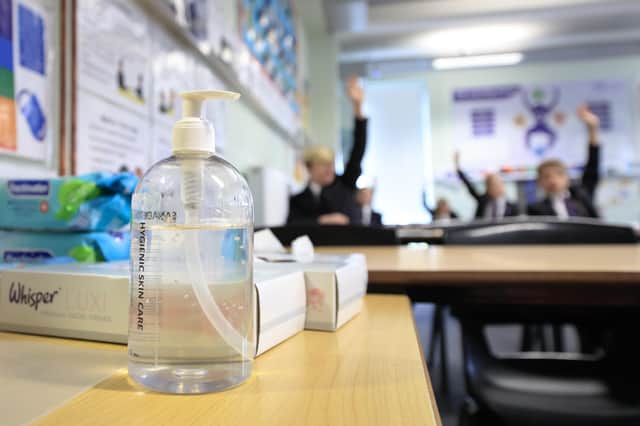 Hand sanitiser in a classroom at Outwood Academy Adwick in Doncaster, as schools in England reopen to pupils following the coronavirus lockdown.