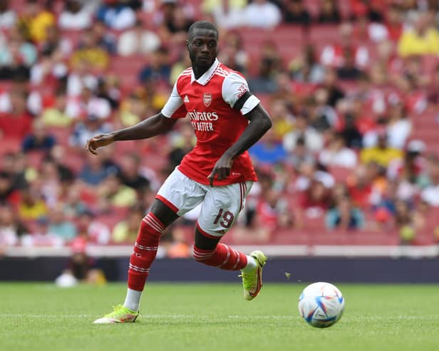 LONDON, ENGLAND - JULY 30: Nicolas Pepe of Arsenal during the Emirates Cup match between Arsenal and Seville at Emirates Stadium on July 30, 2022 in London, England. (Photo by Stuart MacFarlane/Arsenal FC via Getty Images)