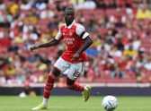 LONDON, ENGLAND - JULY 30: Nicolas Pepe of Arsenal during the Emirates Cup match between Arsenal and Seville at Emirates Stadium on July 30, 2022 in London, England. (Photo by Stuart MacFarlane/Arsenal FC via Getty Images)