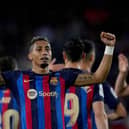 BARCELONA, SPAIN - APRIL 29: Raphinha of FC Barcelona celebrates after scoring the team's third goal during the LaLiga Santander match between FC Barcelona and Real Betis at Spotify Camp Nou on April 29, 2023 in Barcelona, Spain. (Photo by Alex Caparros/Getty Images)