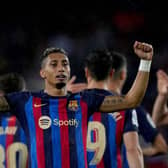 BARCELONA, SPAIN - APRIL 29: Raphinha of FC Barcelona celebrates after scoring the team's third goal during the LaLiga Santander match between FC Barcelona and Real Betis at Spotify Camp Nou on April 29, 2023 in Barcelona, Spain. (Photo by Alex Caparros/Getty Images)