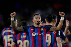 BARCELONA, SPAIN - APRIL 29: Raphinha of FC Barcelona celebrates after scoring the team's third goal during the LaLiga Santander match between FC Barcelona and Real Betis at Spotify Camp Nou on April 29, 2023 in Barcelona, Spain. (Photo by Alex Caparros/Getty Images)