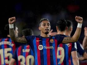 BARCELONA, SPAIN - APRIL 29: Raphinha of FC Barcelona celebrates after scoring the team's third goal during the LaLiga Santander match between FC Barcelona and Real Betis at Spotify Camp Nou on April 29, 2023 in Barcelona, Spain. (Photo by Alex Caparros/Getty Images)