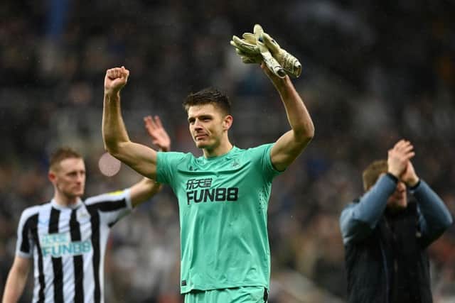NEWCASTLE UPON TYNE, ENGLAND - JANUARY 31: Nick Pope of Newcastle United celebrates following the team's victory in the Carabao Cup Semi Final 2nd Leg match between Newcastle United and Southampton at St James' Park on January 31, 2023 in Newcastle upon Tyne, England. (Photo by Gareth Copley/Getty Images)