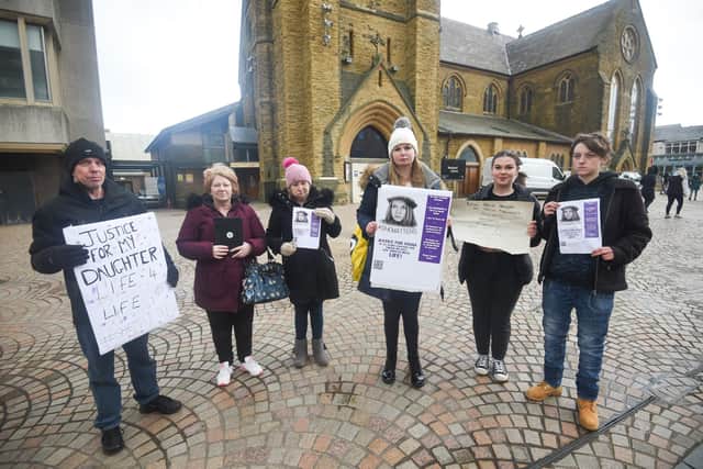Family and friends of Sasha Marsden demonstrate in St John's Square on the 10 year anniversary of her murder. L-R are Gary Marsden, Tracy Chapman, Jayne Marsden, Katie Brett, Mila Davies and Razz Eaves.