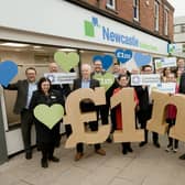 Newcastle Building Society’s chief executive officer, Andrew Haigh, and its Hartlepool branch manager, Carrieanne Wilford, celebrate the Society’s latest donation alongside Society colleagues and representatives from the Community Foundation Tyne & Wear and Northumberland.