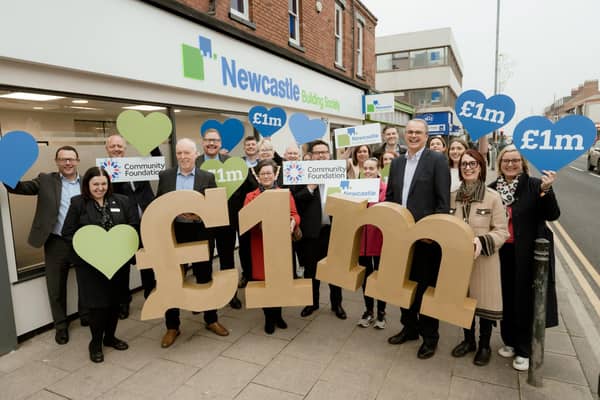 Newcastle Building Society’s chief executive officer, Andrew Haigh, and its Hartlepool branch manager, Carrieanne Wilford, celebrate the Society’s latest donation alongside Society colleagues and representatives from the Community Foundation Tyne & Wear and Northumberland.